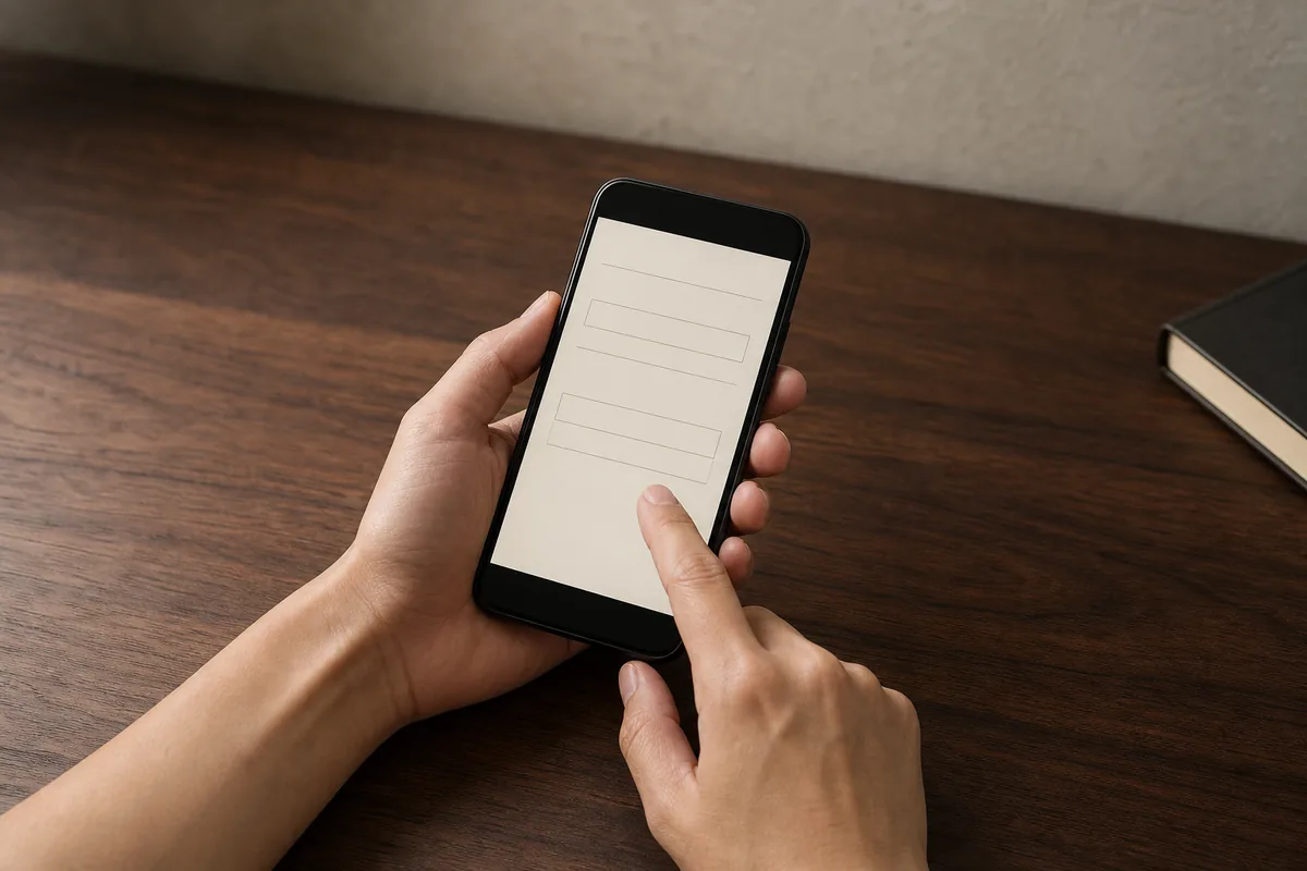 お申し込みフォームへ。木の机の上で、両手でスマートフォンを持ち、罫線だけの入力欄に指で触れている写真