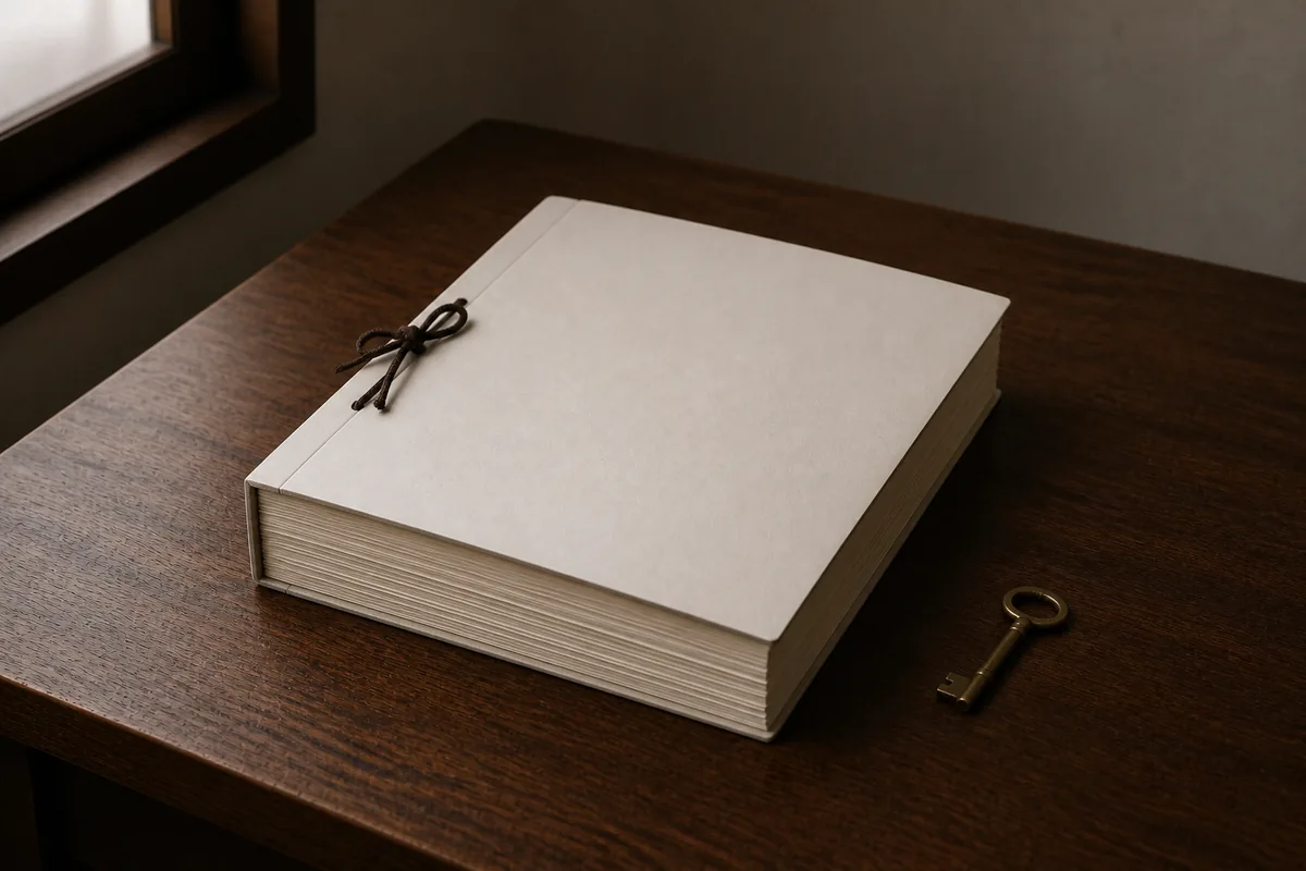 新宮市のご相談の守秘義務。紐で結ばれた分厚い書類ファイルが机に置かれ、そばに真鍮の鍵が1本ある写真