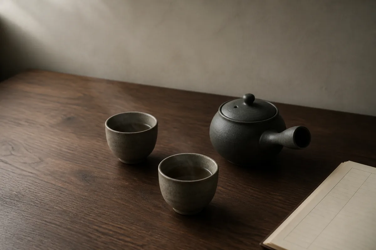 次回について。木の机に茶の入った湯呑みが2客と黒い急須が置かれ、画面の端に罫線だけの帳簿が写り込んでいる写真